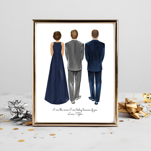 Personalized Groom and Parents Portrait Art DIGITAL | Mother and Father of the Groom Custom Wedding Art, Marriage Gift, Dad Mom and Groom