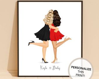 May include: A printable illustration of two women in dresses hugging each other. The woman on the left is wearing a black dress and the woman on the right is wearing a red dress. The text "Kayla ♥ Bailey" is at the bottom of the image.
