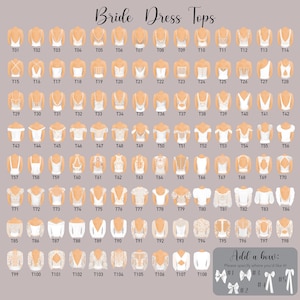 Op de afbeelding: Een illustratie met 108 ontwerpen voor bruidsjurk tops, genummerd van T01 tot T108. De afbeelding bevat ook een sectie om een strik aan het ontwerp toe te voegen, met vijf strik stijlen om uit te kiezen.