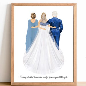 Op de afbeelding: Een ingelijste illustratie toont een bruid in een witte trouwjurk, geflankeerd door een persoon in een blauwe jurk en een persoon in een blauw pak. De tekst onderaan luidt: "Today a bride, tomorrow a wife, forever your little girl."