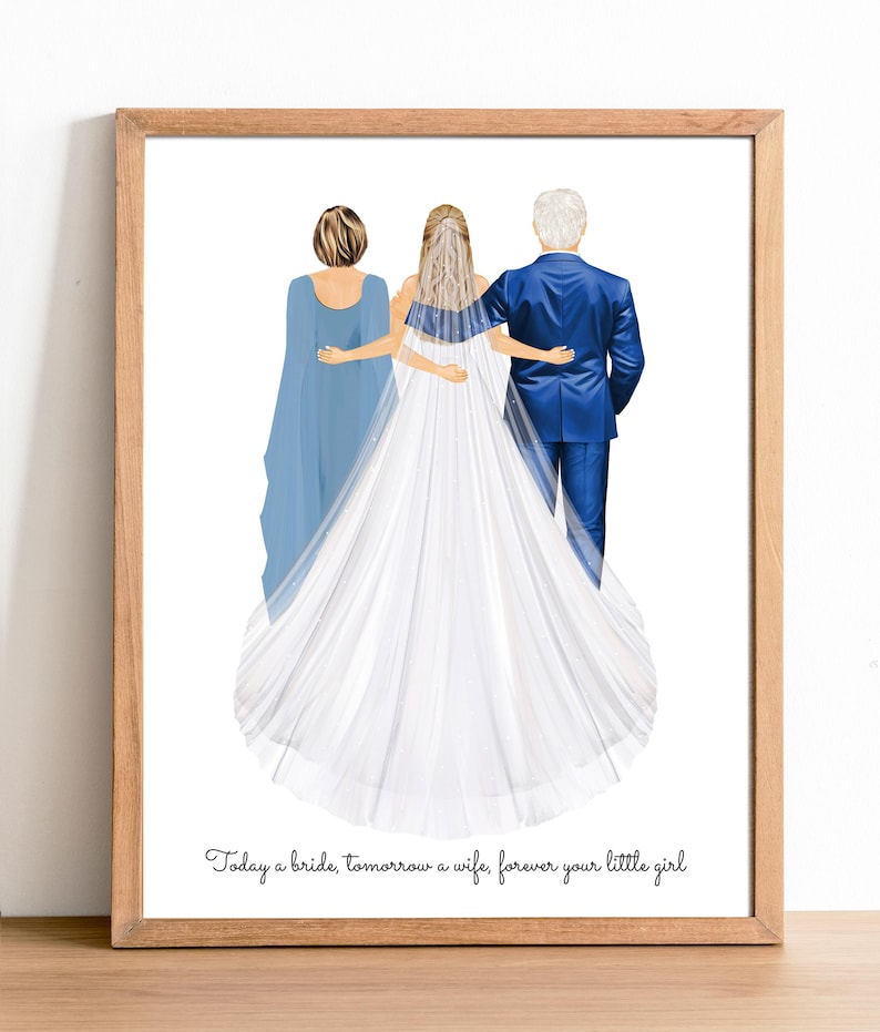 Op de afbeelding: Een ingelijste illustratie toont een bruid in een witte trouwjurk, geflankeerd door een persoon in een blauwe jurk en een persoon in een blauw pak. De tekst onderaan luidt: "Today a bride, tomorrow a wife, forever your little girl."