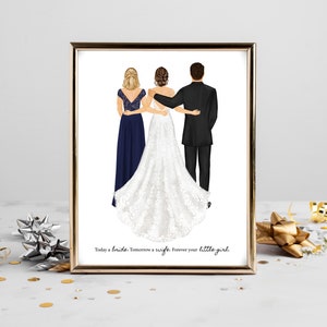 Personalized Bride and Parents Portrait Art DIGITAL | Mother & Father of the Bride Custom Wedding Art, Marriage Gift, Mom Dad and Daughter