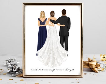 Personalized Bride and Parents Portrait Art DIGITAL | Mother & Father of the Bride Custom Wedding Art, Marriage Gift, Mom Dad and Daughter