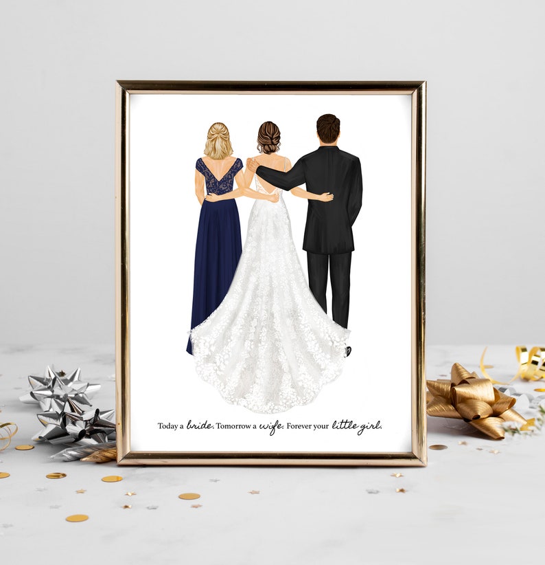 Personalized Bride and Parents Portrait Art PRINT | Mother & Father of the Bride Custom Wedding Art, Marriage Gift, Mom Dad and Daughter