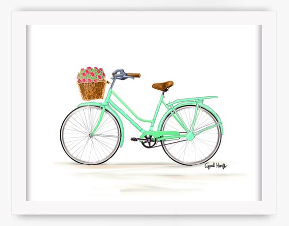 Summer Green Bicycle Print Watercolor Drawing Wall Art Etsy