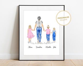 Personalized Grandmother Family Portrait Art | Grandkids Art, In Memory Nursery Gift, Grandma and Children Drawing, Custom Family Portrait