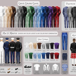 May include: A chart showing different suit combinations for men. The chart includes solid color suits, pinstripe suits, vest styles, and shoe colors. The chart also includes a section for mix and match combinations, where you can choose any color jacket and any color pant combination. The chart also includes a section for kilt styles.
