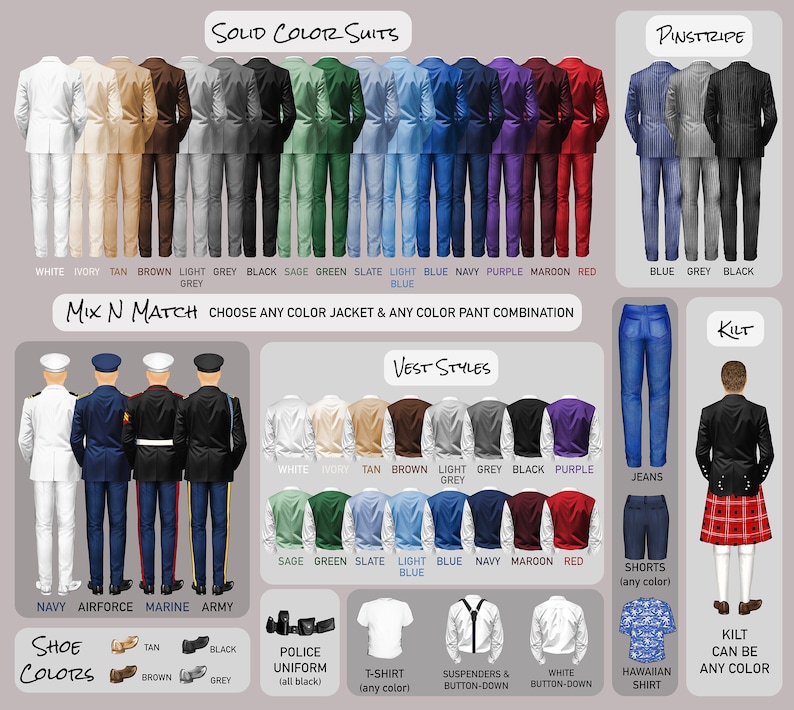 May include: A chart showing different suit combinations for men. The chart includes solid color suits, pinstripe suits, vest styles, and shoe colors. The chart also includes a section for mix and match combinations, where you can choose any color jacket and any color pant combination. The chart also includes a section for kilt styles.