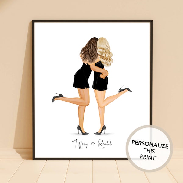 Best Friends Personalized Print | 2023 Graduate Gift, Best Friends, Sorority Sisters, Girlfriends Illustration, BFF Drawing, Girls Night Out