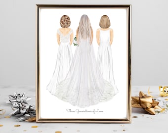 Personalized 3 Generations Wedding Portrait Art DIGITAL | Bride, Mother, Grandma, Custom Print, Marriage Gift, Mom Daughter Grandmother