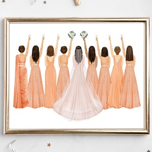 May include: A group of seven women in peach-colored dresses and a white wedding dress, all holding champagne glasses and smiling. The bride is in the center, and the bridesmaids are on either side of her.