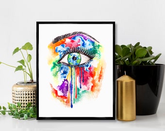 Eye of the World Print| Wall Art, Globe Illustration, Watercolor, Eyeball Drip, Drawing, Fashion, Home Decor, Abstract Style, Holiday Gift