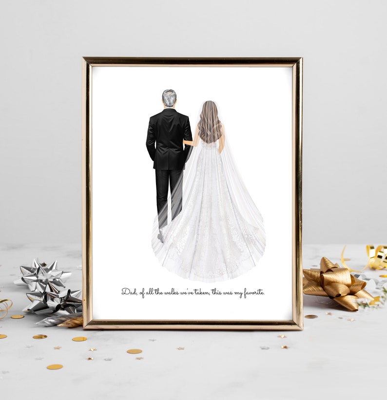 Personalized Bride and Dad Portrait Art PRINT | Father of the Bride Custom Wedding Art, Bride and Father Marriage Gift, Dad and Daughter image 3