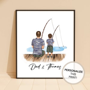 Personalized Fishing Dad Son Portrait Art | Father&#39;s Day, Birthday Gift, Dad and Son, Customized Artwork Father Son Drawing, Fishing Art