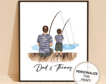 Puede incluir: Una ilustración de acuarela de dos personas pescando desde un muelle. El padre y el hijo están de espaldas al espectador, con sus cañas de pescar en el agua. El texto "Dad & Thomas" está escrito debajo de la imagen.