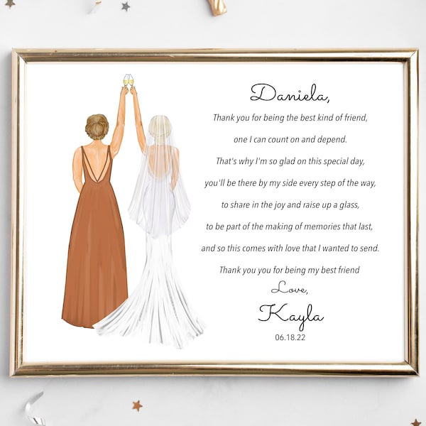 Personalized Bride and Maid of Honor Art DIGITAL | MoH Bride Bridesmaid Custom Wedding Art, Marriage Portrait Gift, Best Friends Drawing