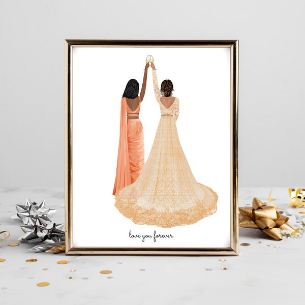 Personalized Indian Bride and Maid of Honor Art DIGITAL | MoH Bride Bridesmaid Custom Wedding Art, Best Friends Drawing, Lengha Sari Dresses