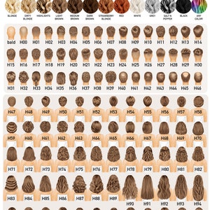 Op de afbeelding: Een grafiek met verschillende haarstijlen en kleuropties. De tekst bovenaan luidt "HAIR STYLE & COLOR OPTIONS". De grafiek bevat een verscheidenheid aan haarkleuren en meer dan 170 stijlen.