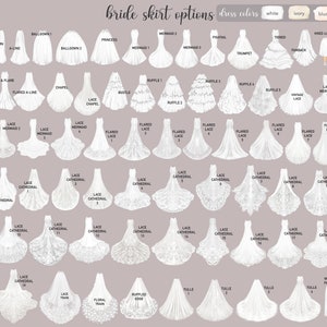 May include: A chart of different bridal skirt styles, including ballgown, A-line, fit and flare, chapel, mermaid, and cathedral. The chart also includes different lace and tulle options. The dress colors are white, ivory, and blush.