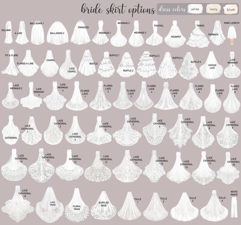 May include: A chart of different bridal skirt styles, including ballgown, A-line, fit and flare, chapel, mermaid, and cathedral. The chart also includes different lace and tulle options. The dress colors are white, ivory, and blush.