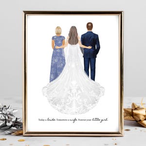 Impresión artística personalizada de retrato de novia y padres / Arte de boda personalizado para madre y padre de la novia, regalo de matrimonio, mamá, papá e hija