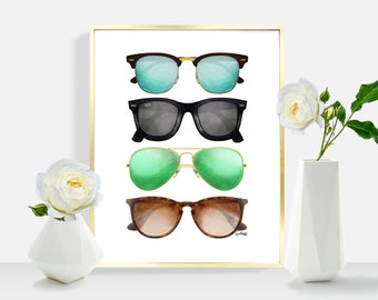 Sunglasses PRINT | Digital Drawing, Wall Art, Watercolor Painting, Gift, Home Decor, Glasses, Class Style Sunnies, Fashion Illustration