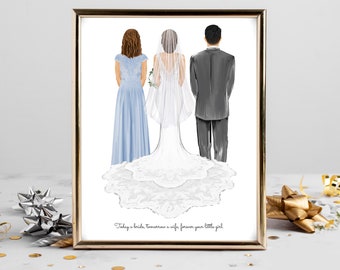 Personalized Bride and Parents Portrait Art DIGITAL | Mother & Father of the Bride Custom Wedding Art, Marriage Gift, Mom Dad and Daughter