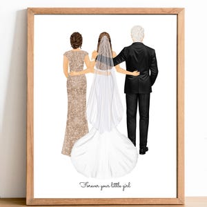 Retrato personalizado da noiva e dos pais | Arte personalizada para casamento, presente de casamento, mãe, pai e filha