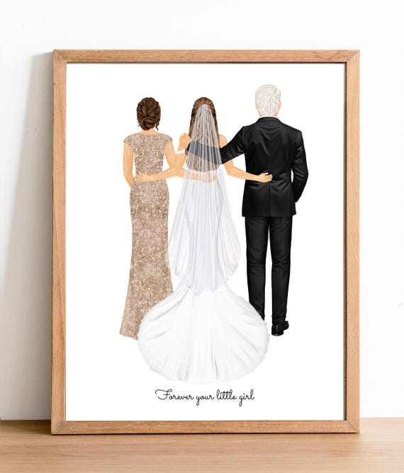 Personalized Bride and Parents Portrait Art PRINT | Mother & Father of the Bride Custom Wedding Art, Marriage Gift, Mom Dad and Daughter