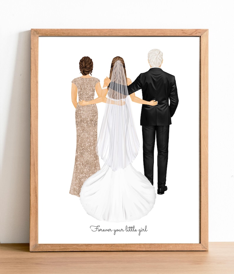 Op de afbeelding: Een ingelijste prent met een bruid, haar moeder en vader van achteren. De bruid draagt een witte trouwjurk en sluier, de moeder een gouden jurk en de vader een zwart pak. De tekst "Forever your little girl" staat onderaan.