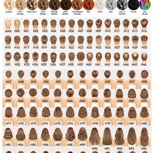 May include: A chart showing 106 different hair styles and colors for a customizable avatar. The chart is labeled "Hair Style & Color Options" and "Choose STYLE # and COLOR from the options below!"  The chart includes options for blonde, dirty blonde, highlights, light brown, medium brown, dark brown, strawberry blonde, red, white, grey, salt and pepper, black, and any color.