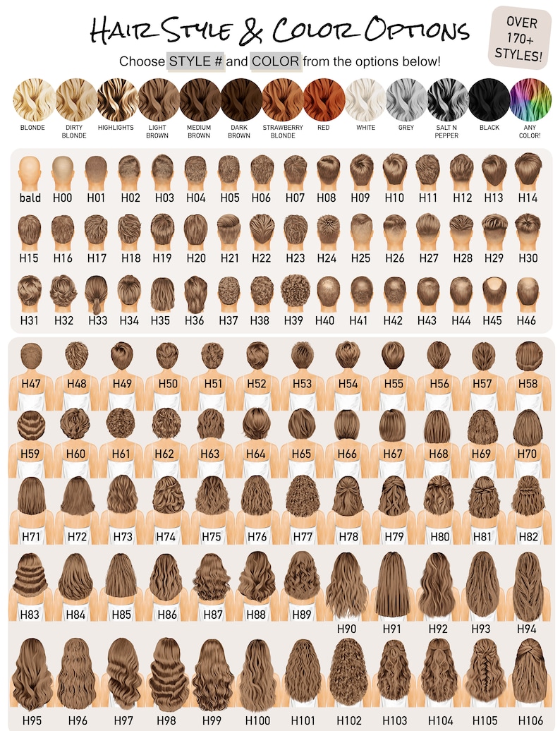 May include: A chart showing 106 different hair styles and colors for a customizable avatar. The chart is labeled "Hair Style & Color Options" and "Choose STYLE # and COLOR from the options below!"  The chart includes options for blonde, dirty blonde, highlights, light brown, medium brown, dark brown, strawberry blonde, red, white, grey, salt and pepper, black, and any color.