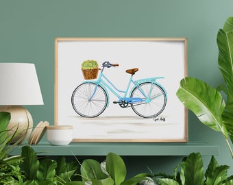 Bicycle Baby Blue Print | Summer Watercolor Drawing, Wall Art, Flower Painting, Bike Illustration, Handmade, Boy or Girl, Photo Present