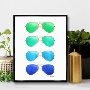 Sunglasses Watercolor PRINT | Aviator, Rayban, Fashion Illustration, Wall Art, Summer, Drawing, Home Decor, Physical Photo, Pilot Style