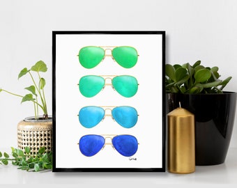 Colorful Aviator Sunglasses Watercolor Print | Fashion Illustration Wall Art