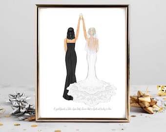 Personalized Bride and Maid of Honor Art DIGITAL | MoH Bride Bridesmaid Custom Wedding Art, Marriage Portrait Gift, Best Friends Drawing