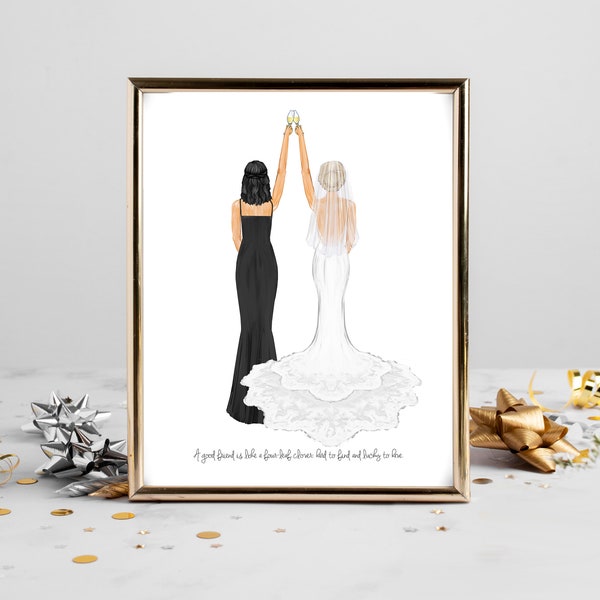 Personalized Bride and Maid of Honor Art DIGITAL | MoH Bride Bridesmaid Custom Wedding Art, Marriage Portrait Gift, Best Friends Drawing