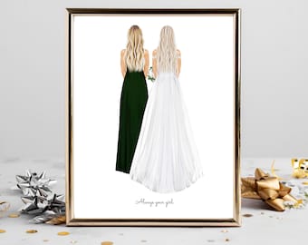 Personalized Bride and Mother Portrait Art DIGITAL | Mother of Bride Custom Wedding Art, Marriage Gift, Mom and Daughter Drawing, Quote Art