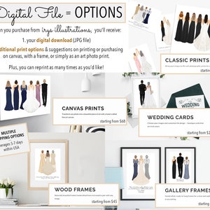 May include: A digital illustration of a wedding party with the bride and groom in the center, surrounded by bridesmaids and groomsmen. The illustration is available as a digital download, canvas print, classic print, wedding card, wood frame, or gallery frame. The text "Digital File = OPTIONS" is at the top of the image.
