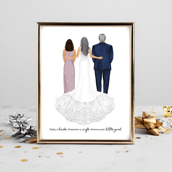 Personalized Bride and Parents Portrait Art DIGITAL | Mother & Father of the Bride Custom Wedding Art, Marriage Gift, Mom Dad and Daughter