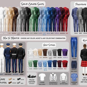 Op de afbeelding: Illustratie met verschillende pakstijlen: effen kleuren, krijtstrepen en veststijlen. Toont ook jeans, shorts, een kilt en uniformopties. Tekst: "Mix N Match" en "Kies elke kleur jas & elke kleur broekcombinatie".