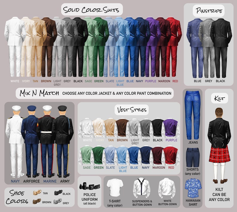 Op de afbeelding: Illustratie met verschillende pakstijlen: effen kleuren, krijtstrepen en veststijlen. Toont ook jeans, shorts, een kilt en uniformopties. Tekst: "Mix N Match" en "Kies elke kleur jas & elke kleur broekcombinatie".
