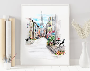 Pode incluir: Uma pintura em aquarela de uma cena de rua parisiense com a Torre Eiffel ao fundo. A rua é ladeada por edifícios e há pessoas caminhando e sentadas em cafés. A pintura é feita em um estilo brilhante e colorido.