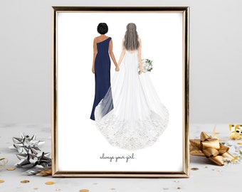 Personalized Bride and Mother Portrait Art DIGITAL | Mother of Bride Custom Wedding Art, Marriage Gift, Mom and Daughter Drawing, Quote Art