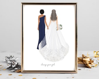 Personalized Bride and Mother Portrait Art DIGITAL | Mother of Bride Custom Wedding Art, Marriage Gift, Mom and Daughter Drawing, Quote Art