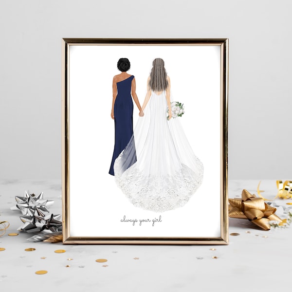 Personalized Bride and Mother Portrait Art DIGITAL | Mother of Bride Custom Wedding Art, Marriage Gift, Mom and Daughter Drawing, Quote Art