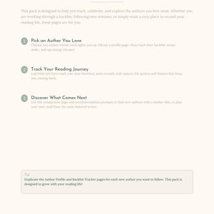 Peut inclure: Une page d'information blanche intitulée How to Use This Pack, présentant trois étapes numérotées pour suivre les parcours de lecture d'auteurs, incluant des instructions pour choisir un auteur, suivre la progression et découvrir de nouveaux livres.