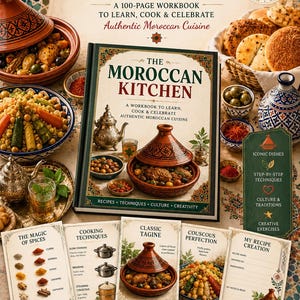 以下が含まれることがあります： The Moroccan Kitchenは、レシピ、テクニック、文化的な洞察を掲載した100ページのワークブックです。表紙にはタジン鍋、銀のティーポット、テキストが描かれています。追加の5ページには、スパイスガイド、調理法、レシピテンプレートが示されています。