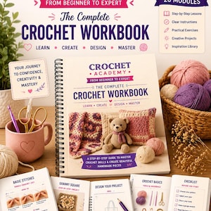May include: A spiral-bound workbook titled Color Cub Studio Crochet Academy: The Complete Crochet Workbook, featuring a teddy bear and crochet squares on the cover. Includes instructional pages on basic stitches, design planning, and a project checklist.
