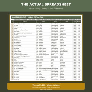 May include: A digital spreadsheet titled THE ACTUAL SPREADSHEET and MASTER MUSIC / VINYL CATALOG. The table lists 37 albums with columns for number, album title, artist, genre, label, year, and rating. The background is dark green with white text.